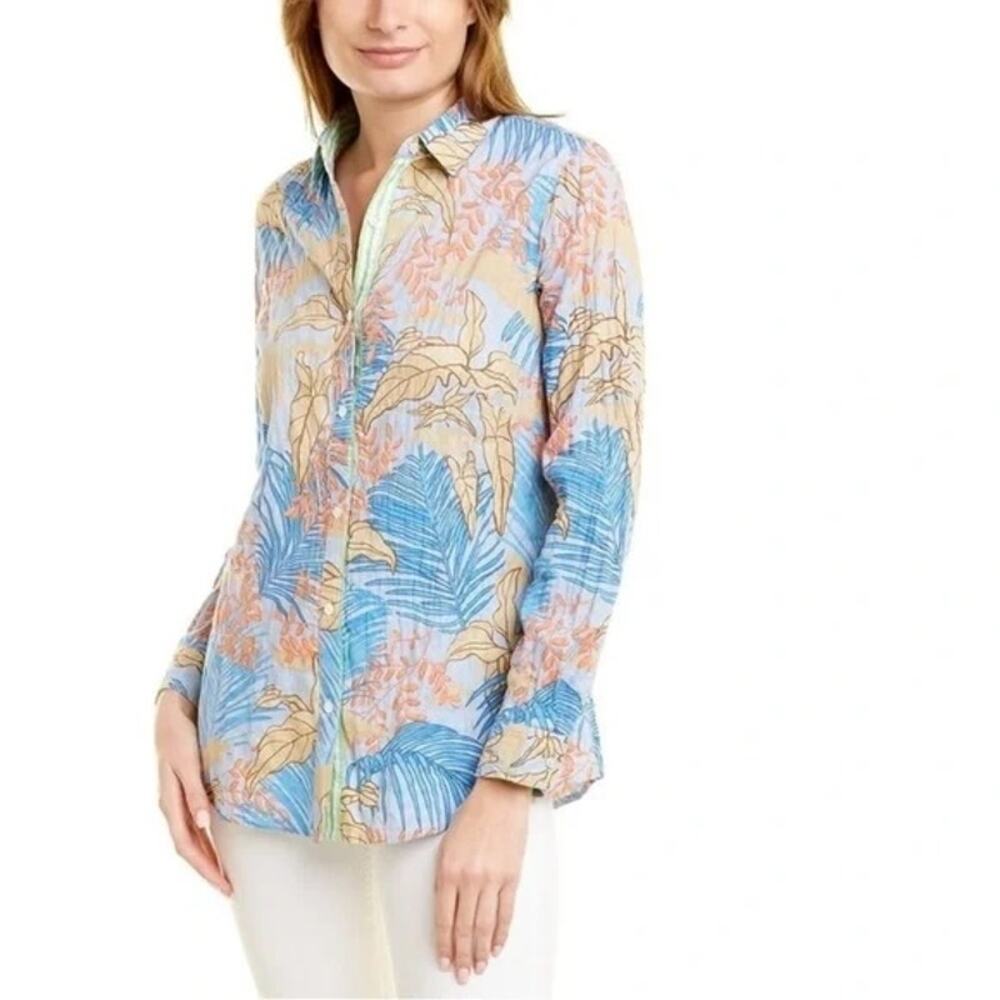 J. McLaughlin Lois Shirt Blue Tropical Palm Print Long Sleeve Button Front L
